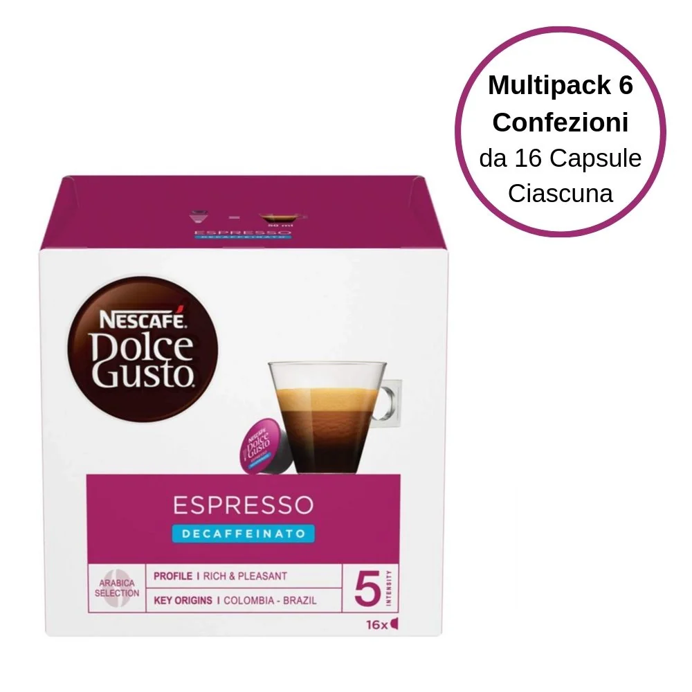Nescafe' dolce gusto espresso decaffeinato caffe' in capsule multipack 6 confezioni da 16 capsule ciascuna