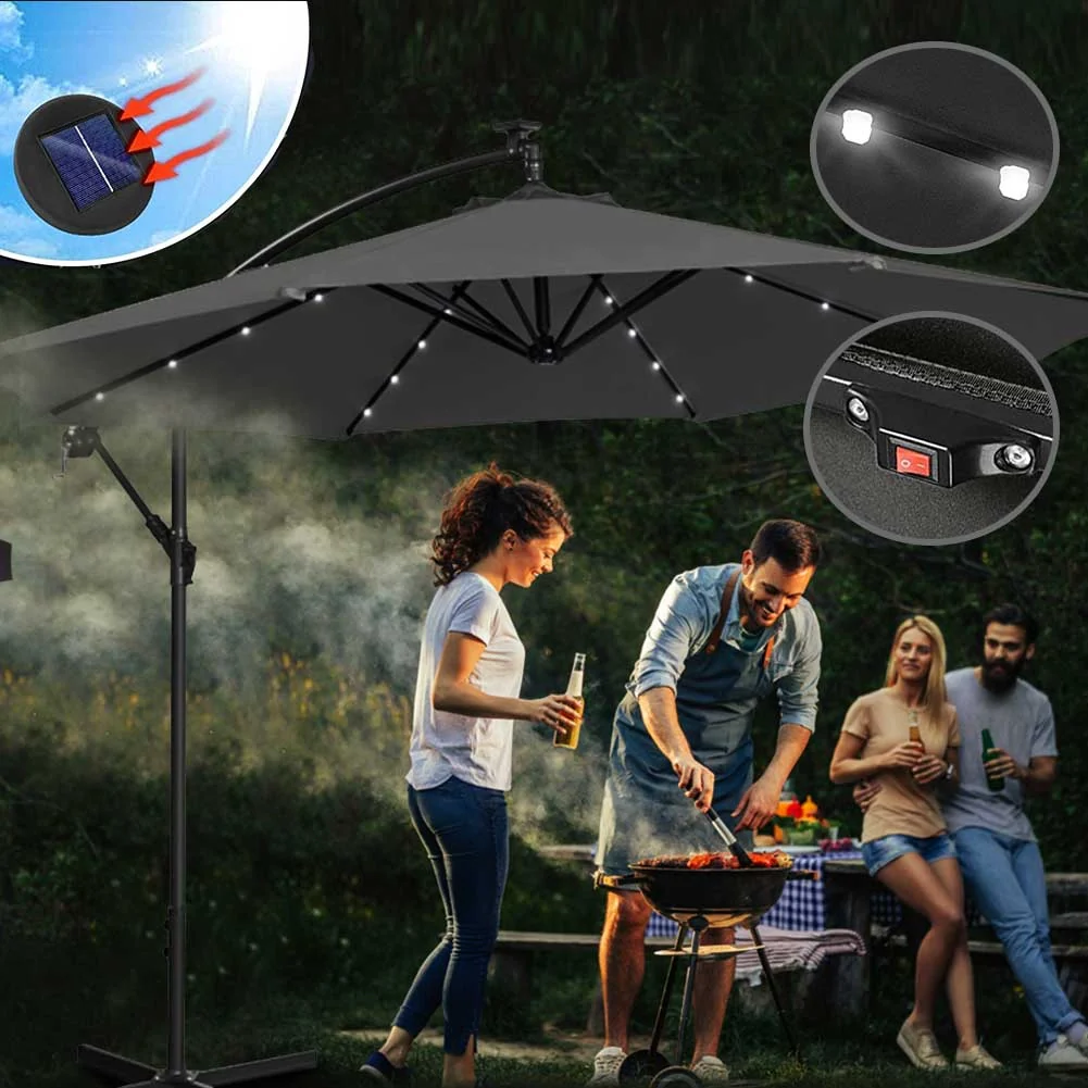 Ombrellone Giardino 3mt con Luce LED Solare Palo Decentrato con Carrucola Grigio - Image 2