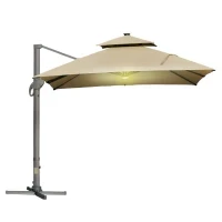 Ombrellone Spostabile LED Quadrato a Doppio Tetto Inclinabile e Girevole a 360° con Manovella e Base in Acciaio, Dim, 3 L x 3 L x 2,66 H M, Beige - Image 4