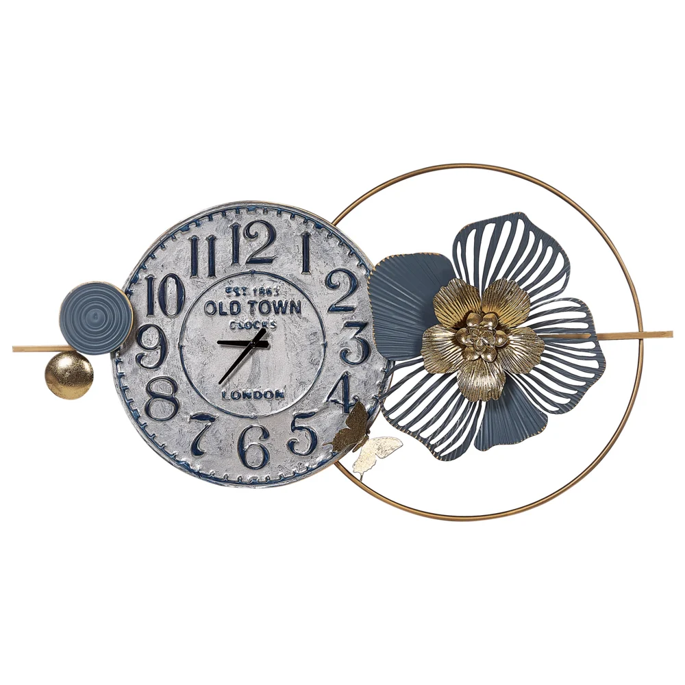 Orologio da parete in ferro nero con numeri arabi dettagli dorati blu stile moderno