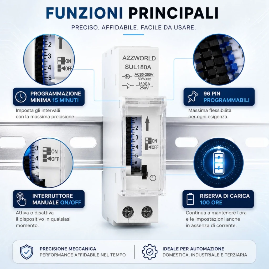 Orologio Interruttore Orario Giornaliero Meccanico su Guida DIN, Timer Switch 24 Ore, Riserva di Carica 100 Ore, 16A, 85-250V AC, 96 Pin, Programmazione Minima 15 Minuti - Image 2