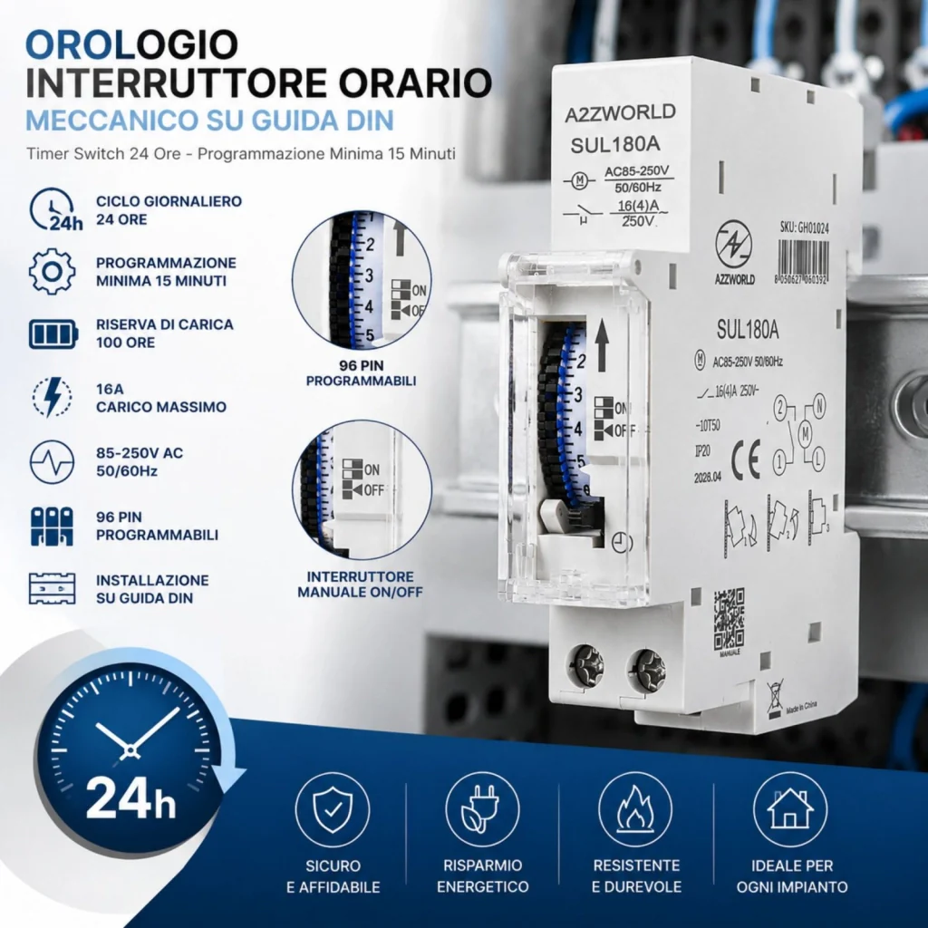 Orologio Interruttore Orario Giornaliero Meccanico su Guida DIN, Timer Switch 24 Ore, Riserva di Carica 100 Ore, 16A, 85-250V AC, 96 Pin, Programmazione Minima 15 Minuti - Image 6