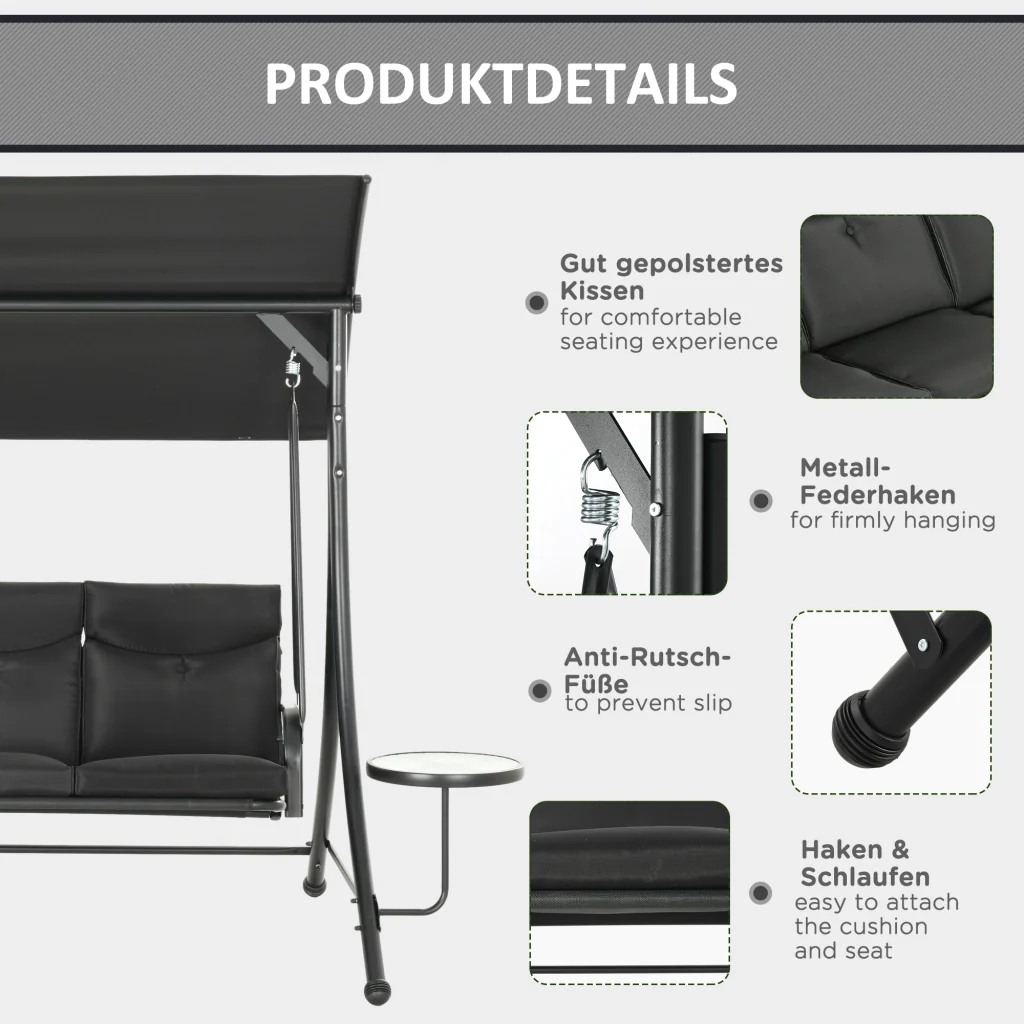 Oscillazione per tenda regolabile Hollywood 3-posto colore nero 278×135×177cm - Image 6