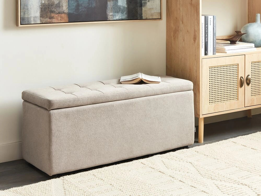Ottomana Beige 100 x 42 x 40 cm in tessuto poliestere Poggiapiedi imbottito Soggiorno Stile Moderno - Image 3