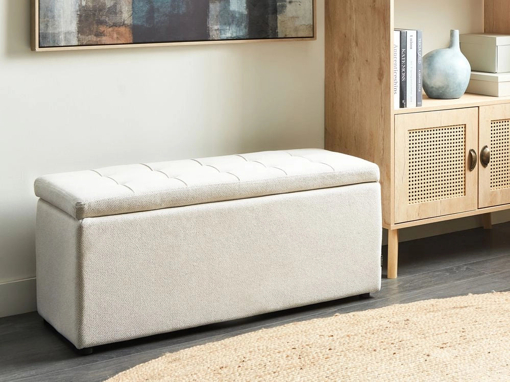 Ottomana Bianco Sporco 100 x 42 x 40 cm in tessuto poliestere Poggiapiedi imbottito Soggiorno Stile Moderno - Image 3