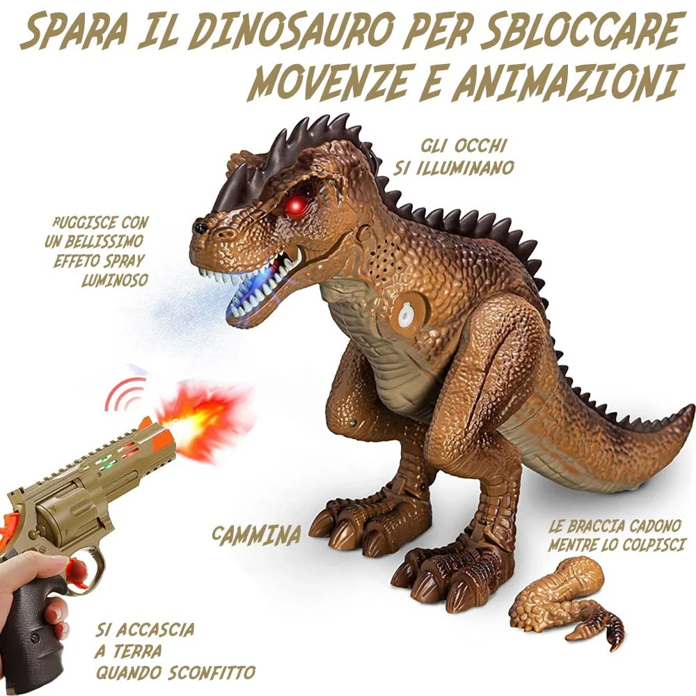 Palyset Dinosauro T-Rex Camminante + Pistola Giocattolo Bambini Luci Suoni Fumo - Image 6