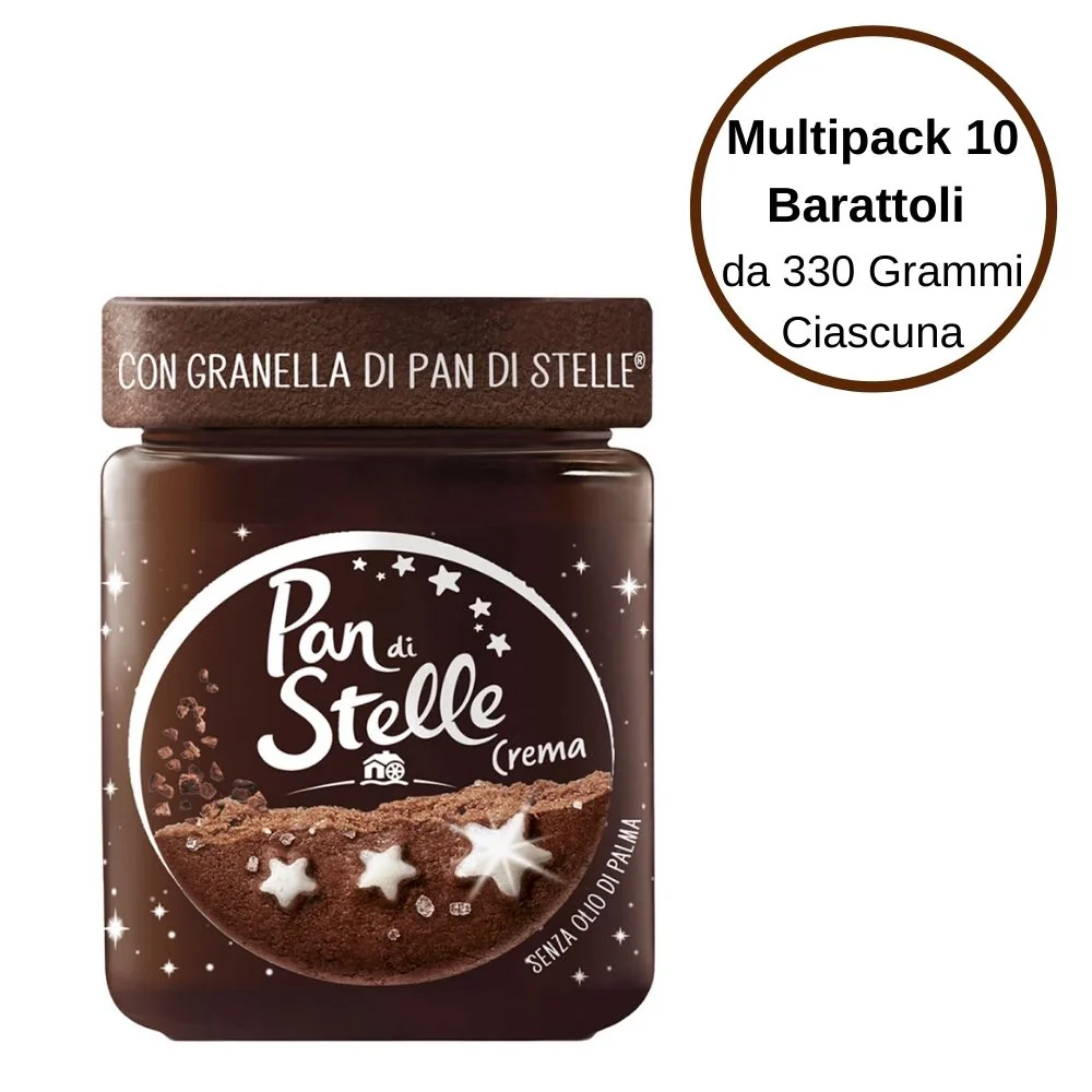 Pan di stelle crema spalmabile alle nocciole con granella di biscotto multipack 10 barattoli da 330 gr ciascuno