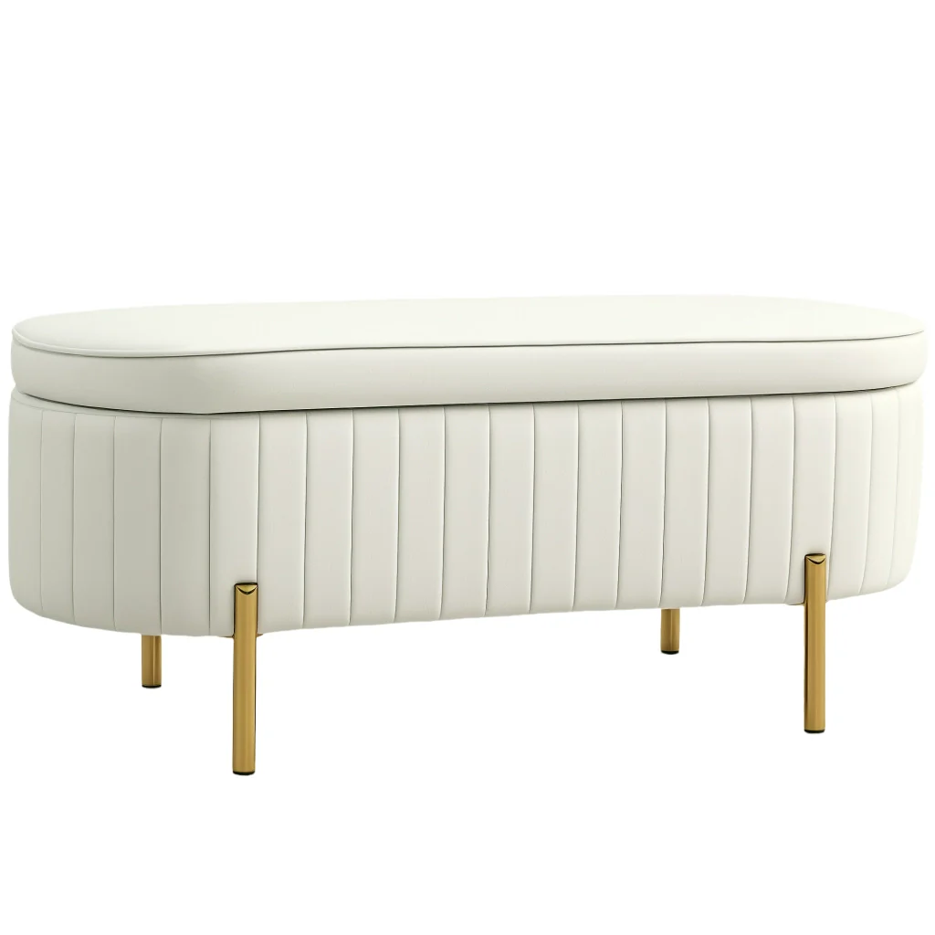 Panca Contenitore Ovale 108x44x43,5 cm con Coperchio Sollevabile in Tessuto Vellutato Crema