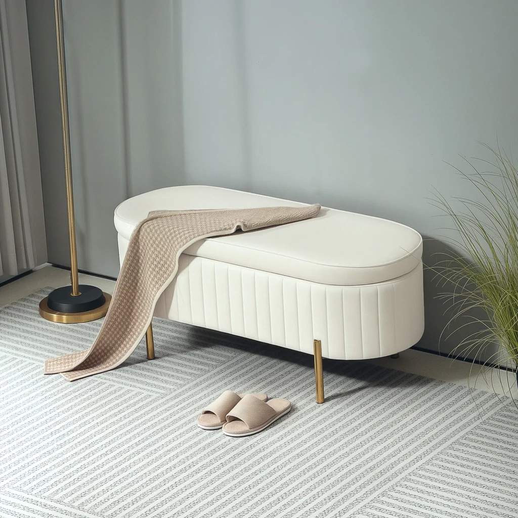Panca Contenitore Ovale 108x44x43,5 cm con Coperchio Sollevabile in Tessuto Vellutato Crema - Image 2
