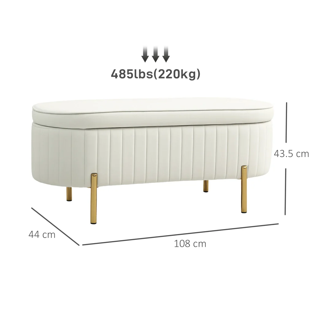 Panca Contenitore Ovale 108x44x43,5 cm con Coperchio Sollevabile in Tessuto Vellutato Crema - Image 3