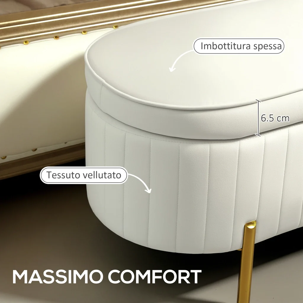 Panca Contenitore Ovale 108x44x43,5 cm con Coperchio Sollevabile in Tessuto Vellutato Crema - Image 4