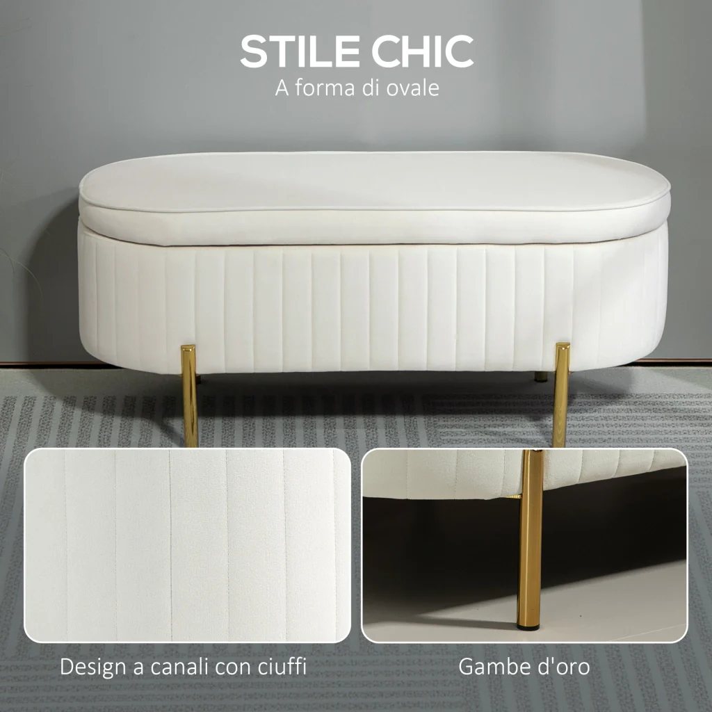 Panca Contenitore Ovale 108x44x43,5 cm con Coperchio Sollevabile in Tessuto Vellutato Crema - Image 5