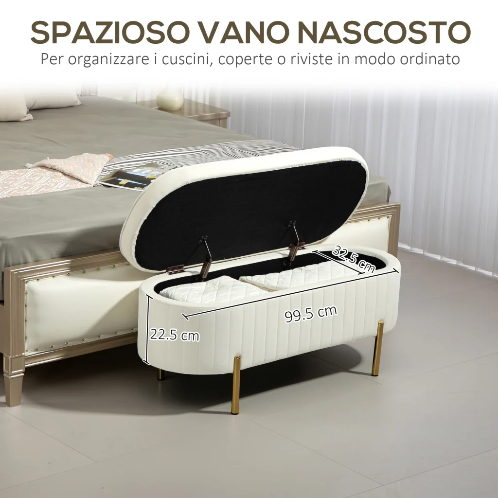Panca Contenitore Ovale 108x44x43,5 cm con Coperchio Sollevabile in Tessuto Vellutato Crema - Image 6