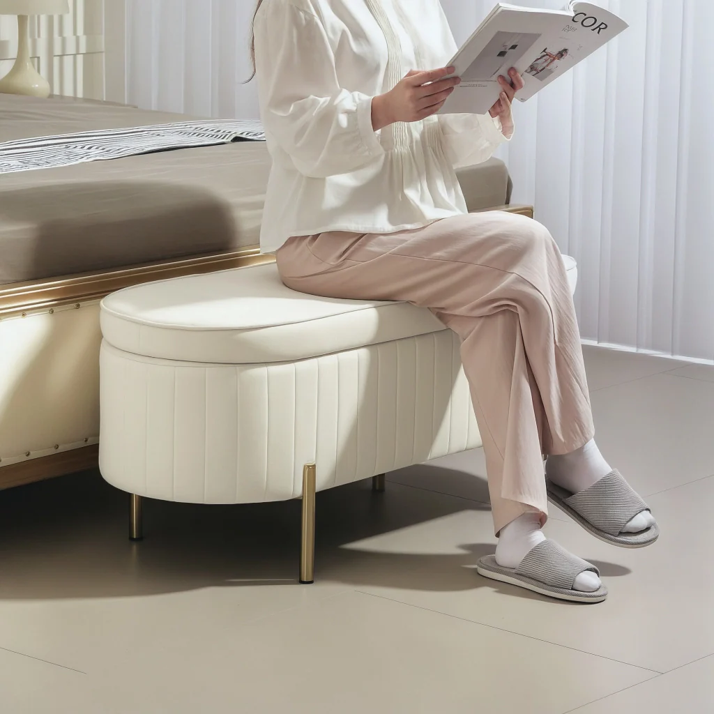 Panca Contenitore Ovale 108x44x43,5 cm con Coperchio Sollevabile in Tessuto Vellutato Crema - Image 8