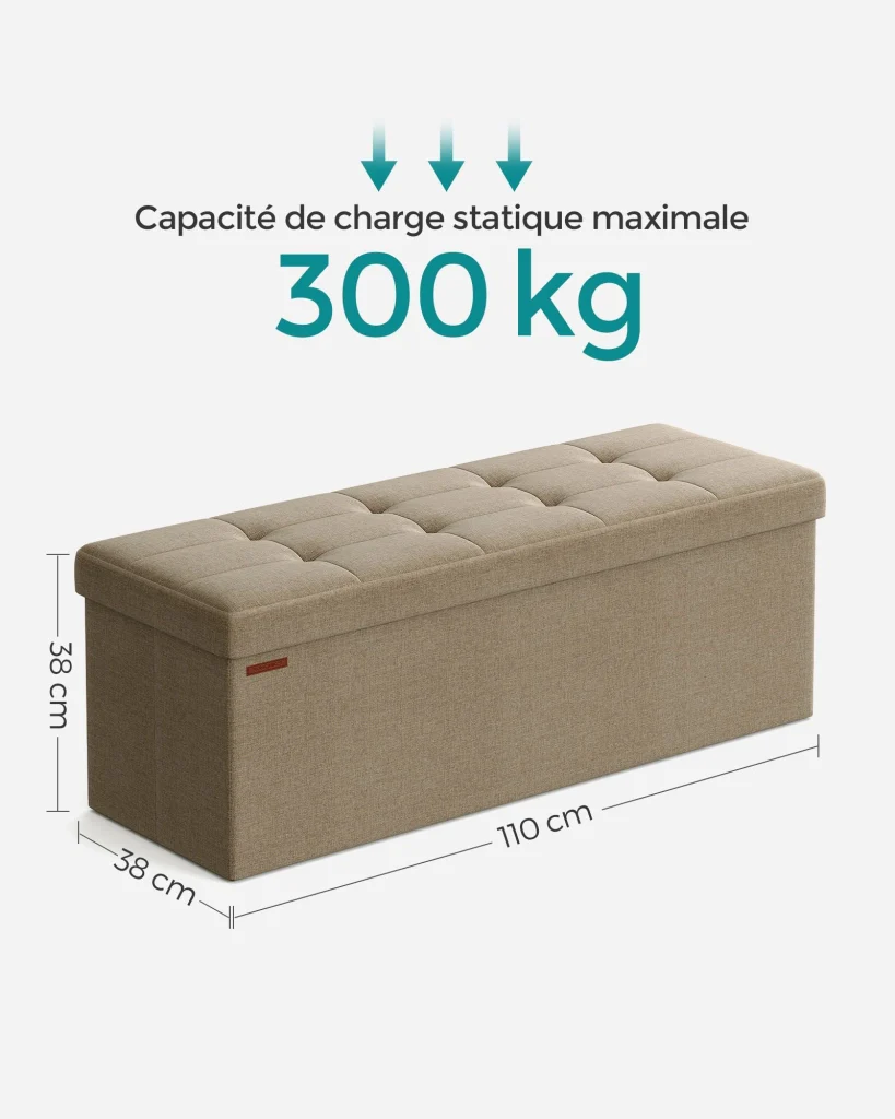 Panca contenitore pieghevole/pouf/cassapanca/panca comodino 110 x 38 x 38 cm tessuto effetto lino portata 300 kg per ingresso/camera da letto beige 12_0004151 - Image 2