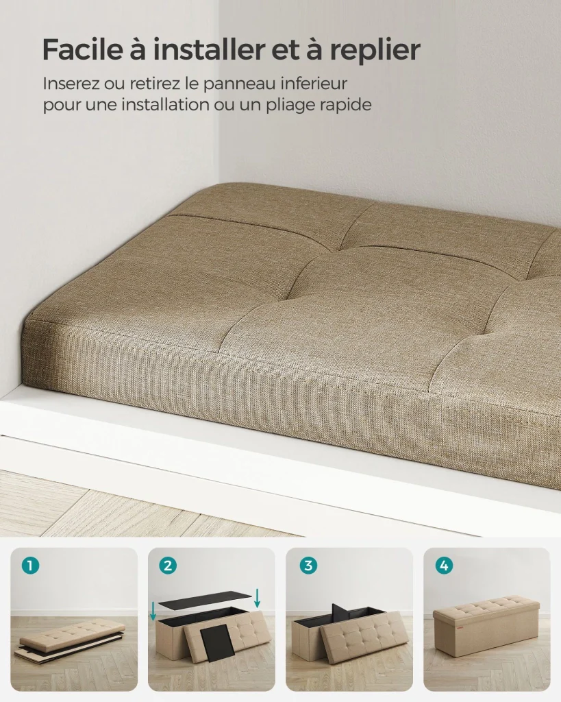 Panca contenitore pieghevole/pouf/cassapanca/panca comodino 110 x 38 x 38 cm tessuto effetto lino portata 300 kg per ingresso/camera da letto beige 12_0004151 - Image 3