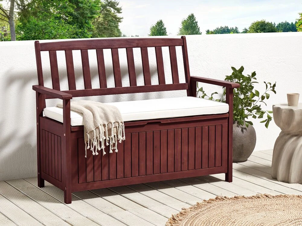 Panca da Esterno con Contenitore in Legno Massello di Acacia 2 Posti 120 cm Rosso Mogano e cuscino bianco - Image 4