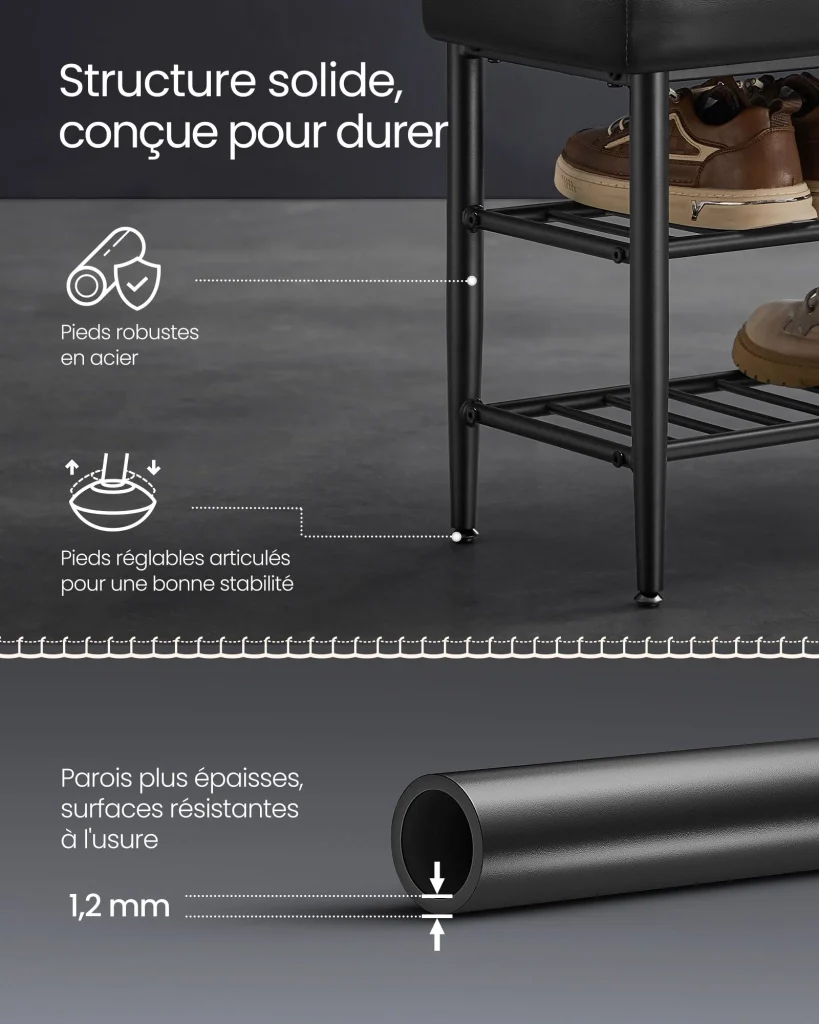 Panca portascarpe 30 x 80 x 50 cm mobile ingresso PU con cuciture stile moderno portata 135 kg nero 12_0005345 - Image 3