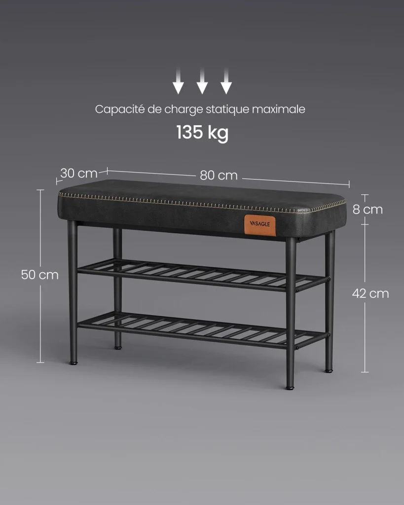 Panca portascarpe 30 x 80 x 50 cm mobile ingresso PU con cuciture stile moderno portata 135 kg nero 12_0005345 - Image 4