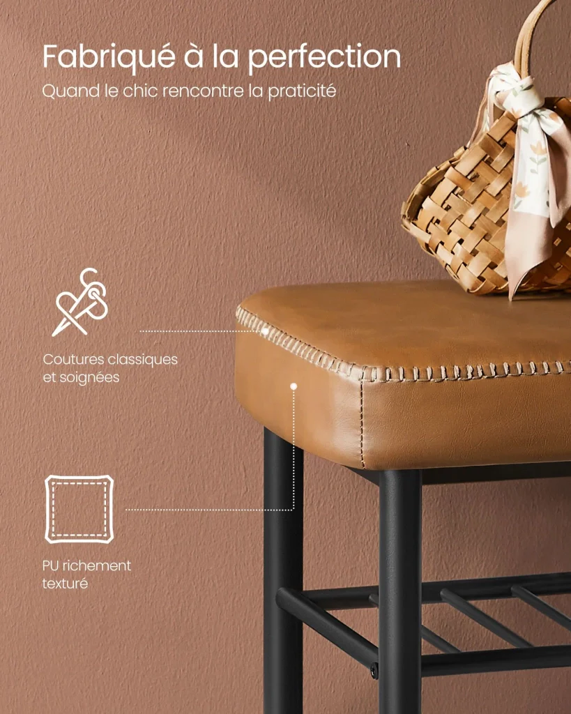 Panca portascarpe mobile da ingresso in PU con cuciture stile moderno di metà secolo portata 135 kg 30 x 80 x 50 cm marrone 12_0005344 - Image 2