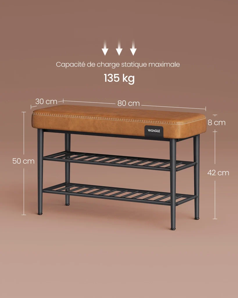 Panca portascarpe mobile da ingresso in PU con cuciture stile moderno di metà secolo portata 135 kg 30 x 80 x 50 cm marrone 12_0005344 - Image 4