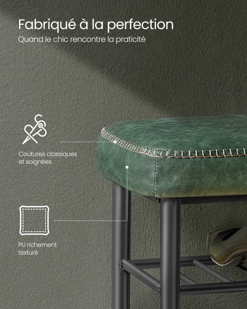 Panca portascarpe mobile ingresso in PU con cuciture stile moderno portata 135 kg 30 x 80 x 50 cm verde 12_0005343 - Image 2