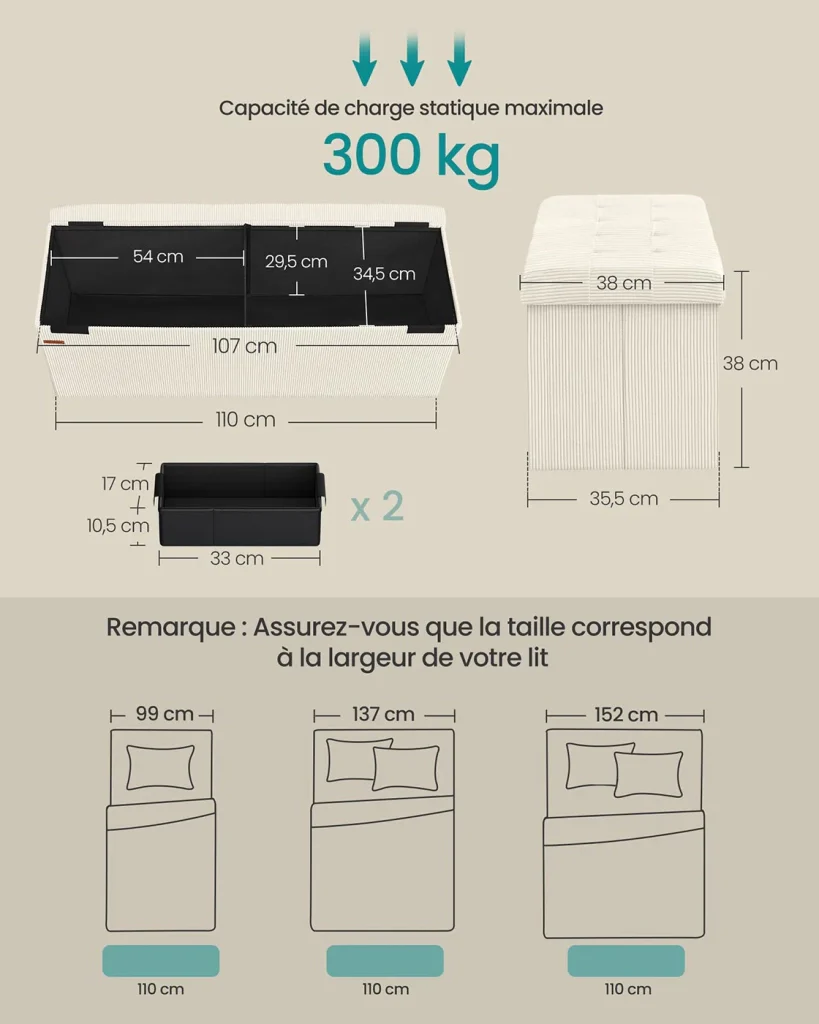 Panca/pouf contenitore pieghevole 38 x 76 x 38 cm poggiapiedi/testa letto cassapanca contenitore portata fino a 300 kg per soggiorno camera da letto ingresso bianco 12_0004170 - Image 5