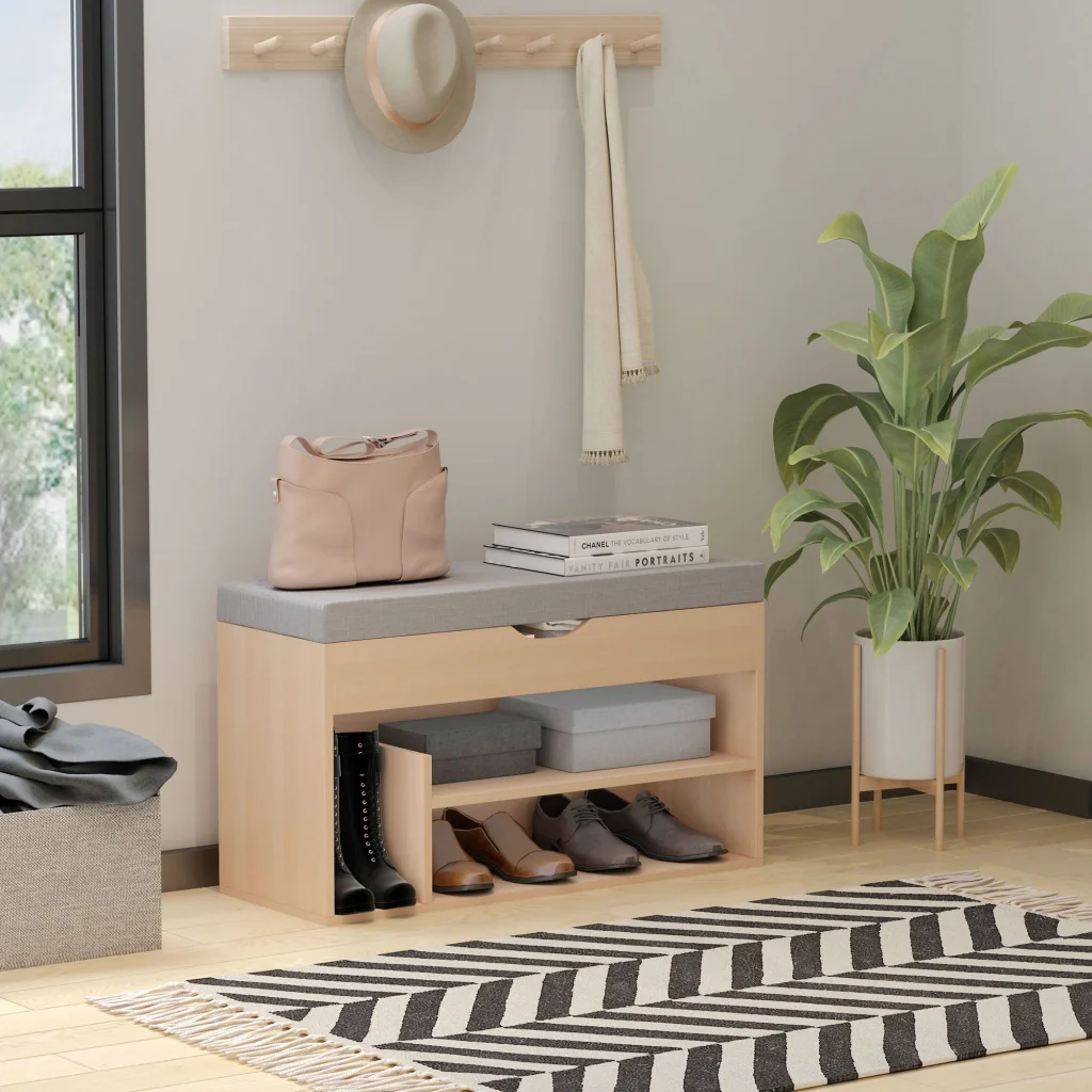 Panca Scarpiera 2 Ripiani in MDF con Cuscino 80x30x48 cm  Grigio e Rovere - Image 2
