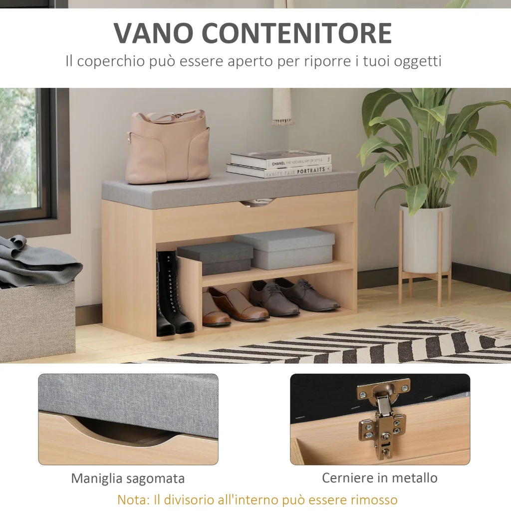 Panca Scarpiera 2 Ripiani in MDF con Cuscino 80x30x48 cm  Grigio e Rovere - Image 6
