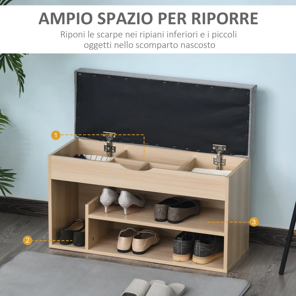Panca Scarpiera 2 Ripiani in MDF con Cuscino 80x30x48 cm  Grigio e Rovere - Image 7