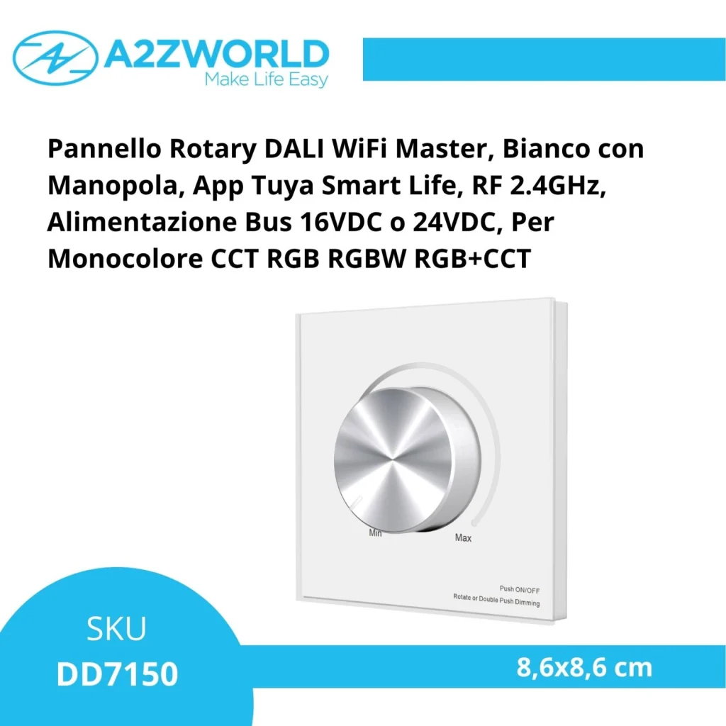 Pannello Rotary DALI WiFi Master, Bianco con Manopola, App Tuya Smart Life, RF 2.4GHz, Alimentazione Bus 16VDC o 24VDC, Per Monocolore CCT RGB RGBW RGB+CCT, 86X86mm - Image 2