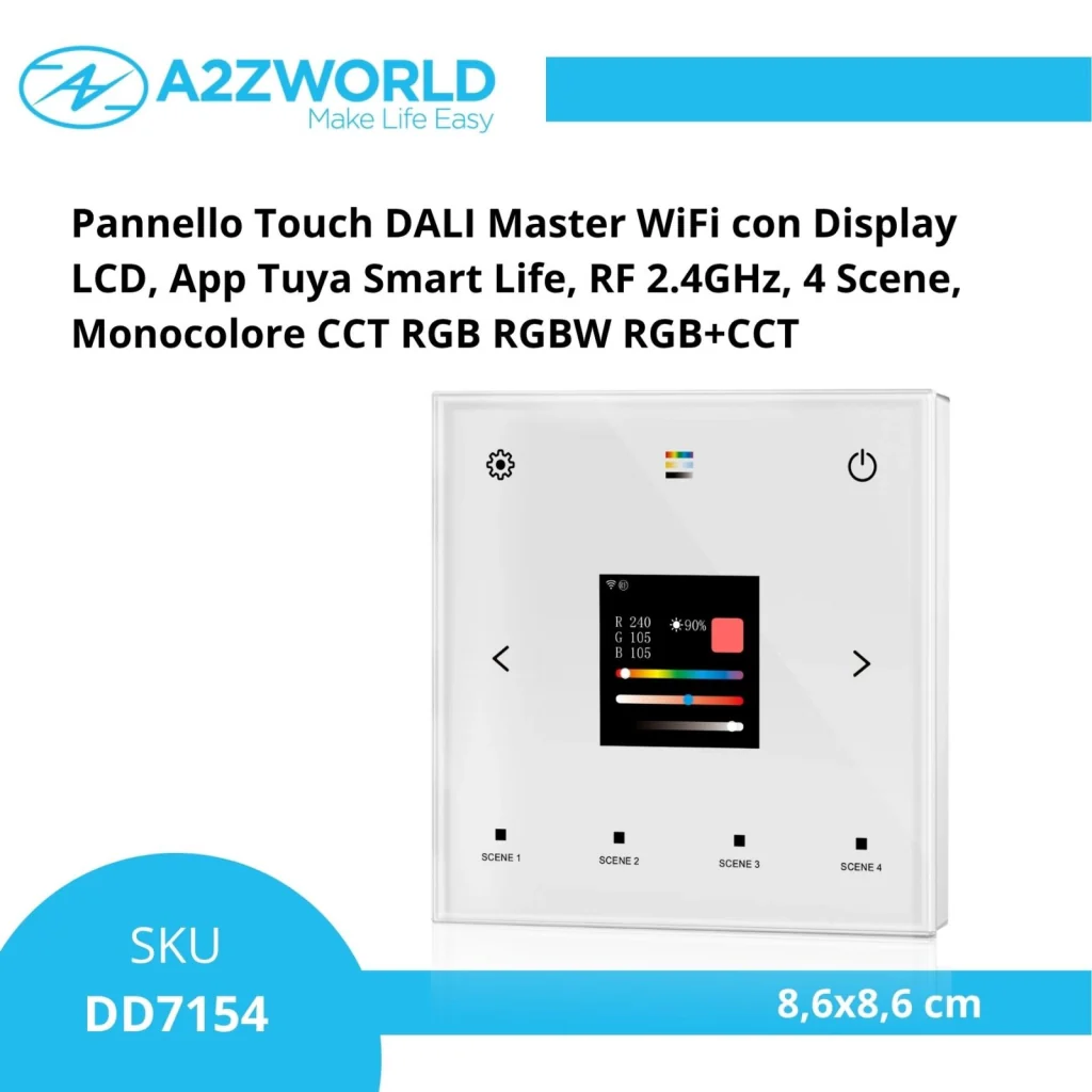 Pannello Touch DALI Master WiFi con Display LCD, App Tuya Smart Life, RF 2.4GHz, 4 Scene, Monocolore CCT RGB RGBW RGB+CCT, 86X86mm - Image 2