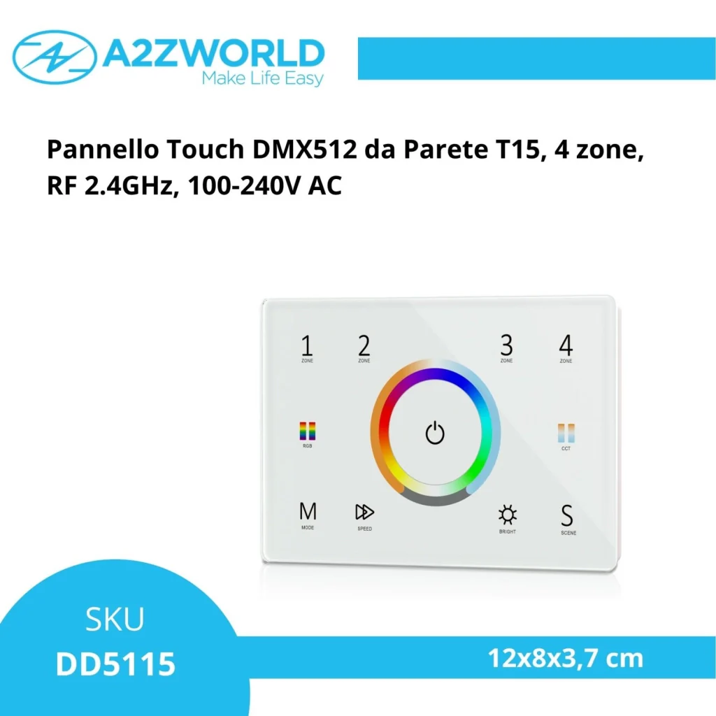 Pannello Touch DMX512 T15 da Parete, 4 Zone, RF 2.4GHz, 100-240V AC - Image 2