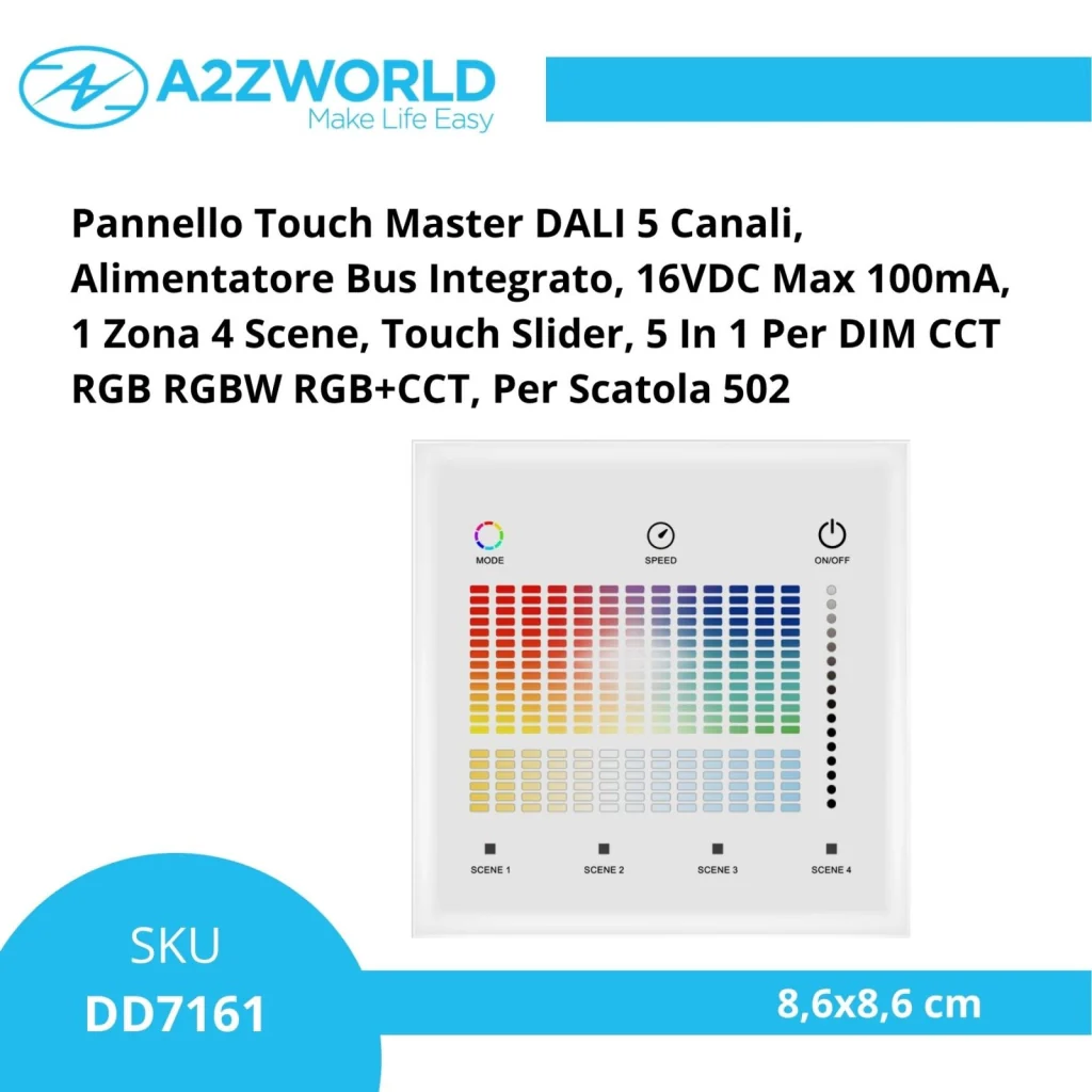 Pannello Touch Master DALI 5 Canali, Alimentatore Bus Integrato, 16VDC Max 100mA, 1 Zona 4 Scene, Touch Slider, 5 In 1 Per DIM CCT RGB RGBW RGB+CCT, 86X86mm Per Scatola 502 - Image 2