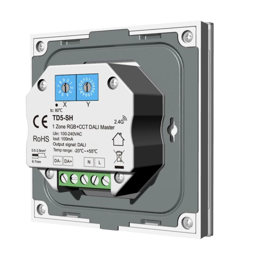 Pannello Touch Master DALI 5 Canali, Alimentatore Bus Integrato, 16VDC Max 100mA, 1 Zona 4 Scene, Touch Slider, 5 In 1 Per DIM CCT RGB RGBW RGB+CCT, 86X86mm Per Scatola 502 - Image 3