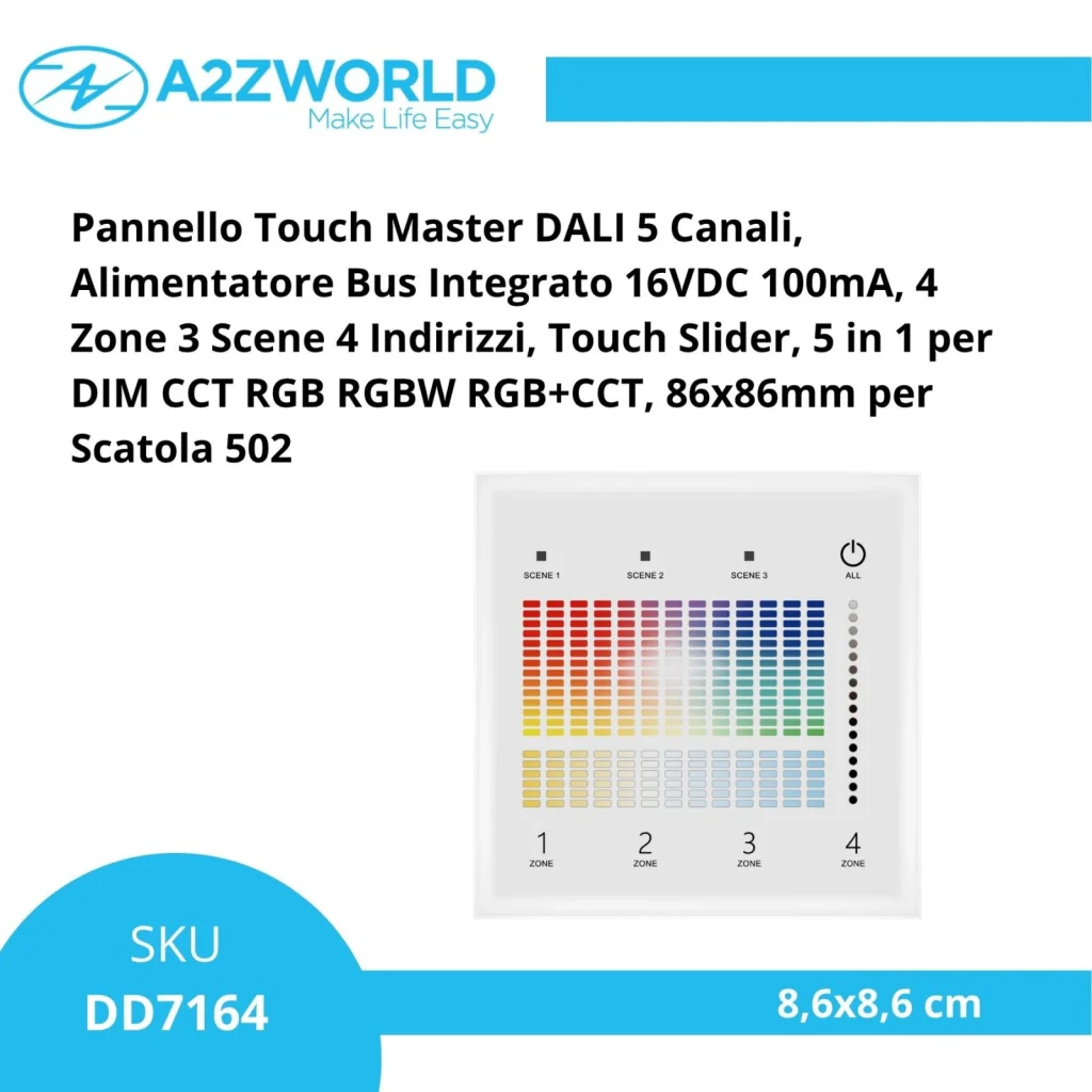 Pannello Touch Master DALI 5 Canali, Alimentatore Bus Integrato, 16VDC Max 100mA, 4 Zone 3 Scene 4 Indirizzi, Touch Slider, 5 In 1 Per DIM CCT RGB RGBW RGB+CCT, 86X86mm Per Scatola 502 - Image 2