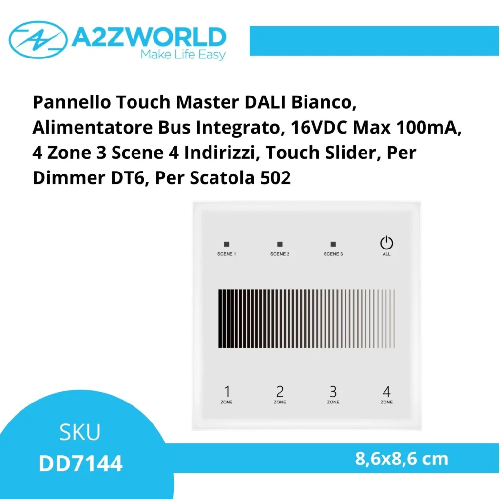 Pannello Touch Master DALI Bianco, Alimentatore Bus Integrato, 16VDC Max 100mA, 4 Zone 3 Scene 4 Indirizzi, Touch Slider, Per Dimmer DT6, 86X86mm Per Scatola 502 - Image 2