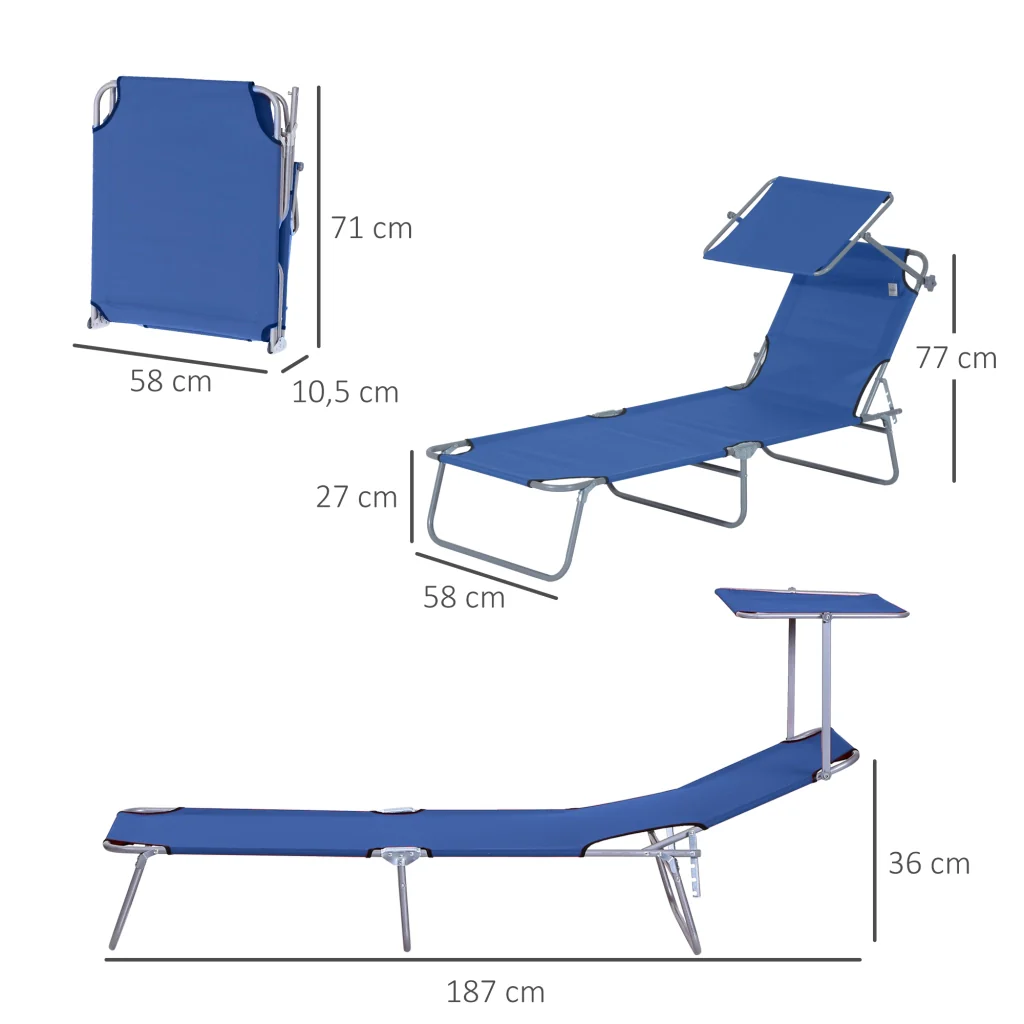 Parasole pieghevole telaio in metallo schienale regolabile 187×58×36cm blu - Image 3