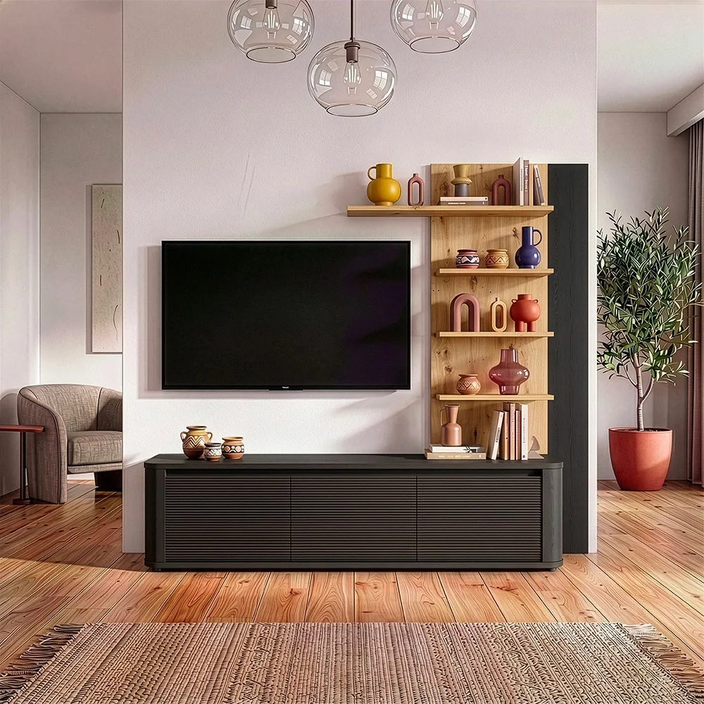 Soggiorno parete attrezzata Core piccolo con porta tv e libreria pensile in rovere e nero - Image 2