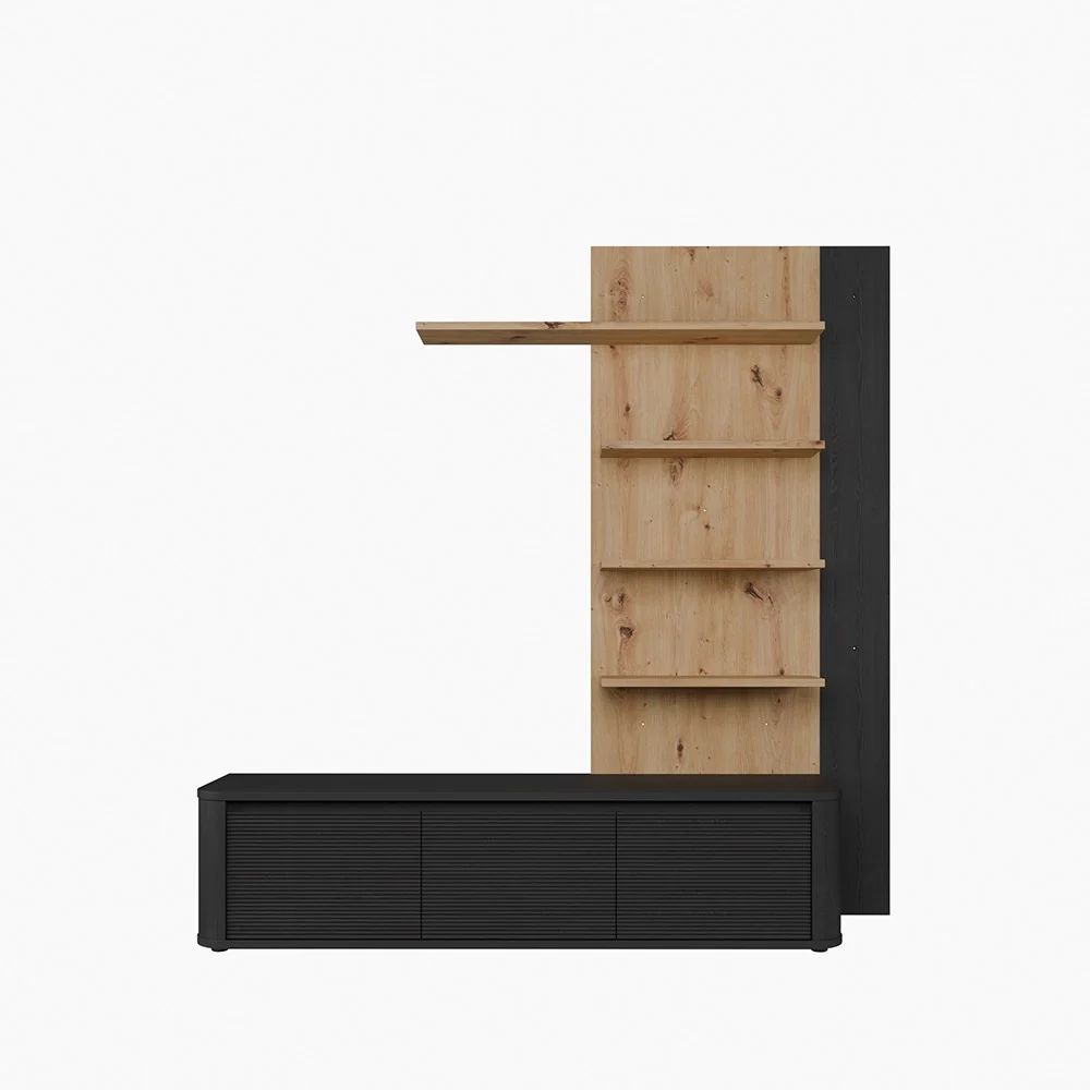 Soggiorno parete attrezzata Core piccolo con porta tv e libreria pensile in rovere e nero - Image 3