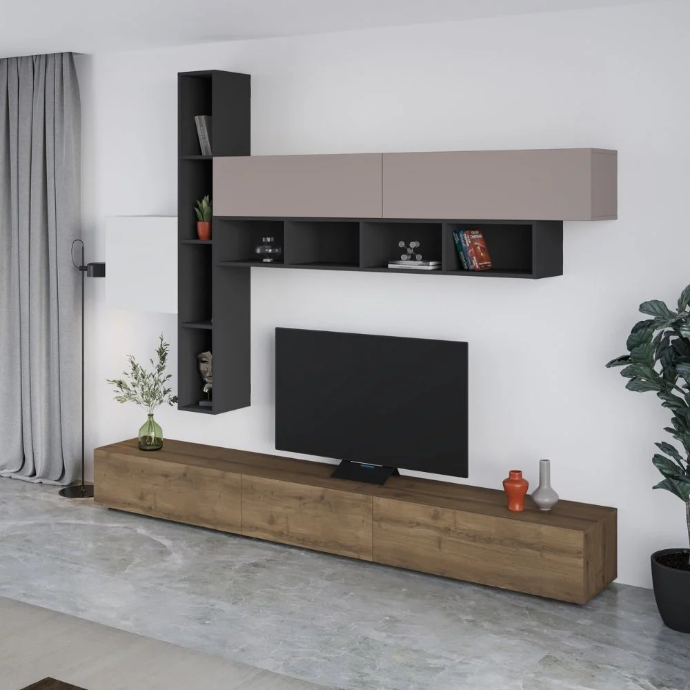 Parete attrezzata Fashion base colore hitit noce e pensili antracite, bianco e tortora  H 205x40x275 cm. - Image 2