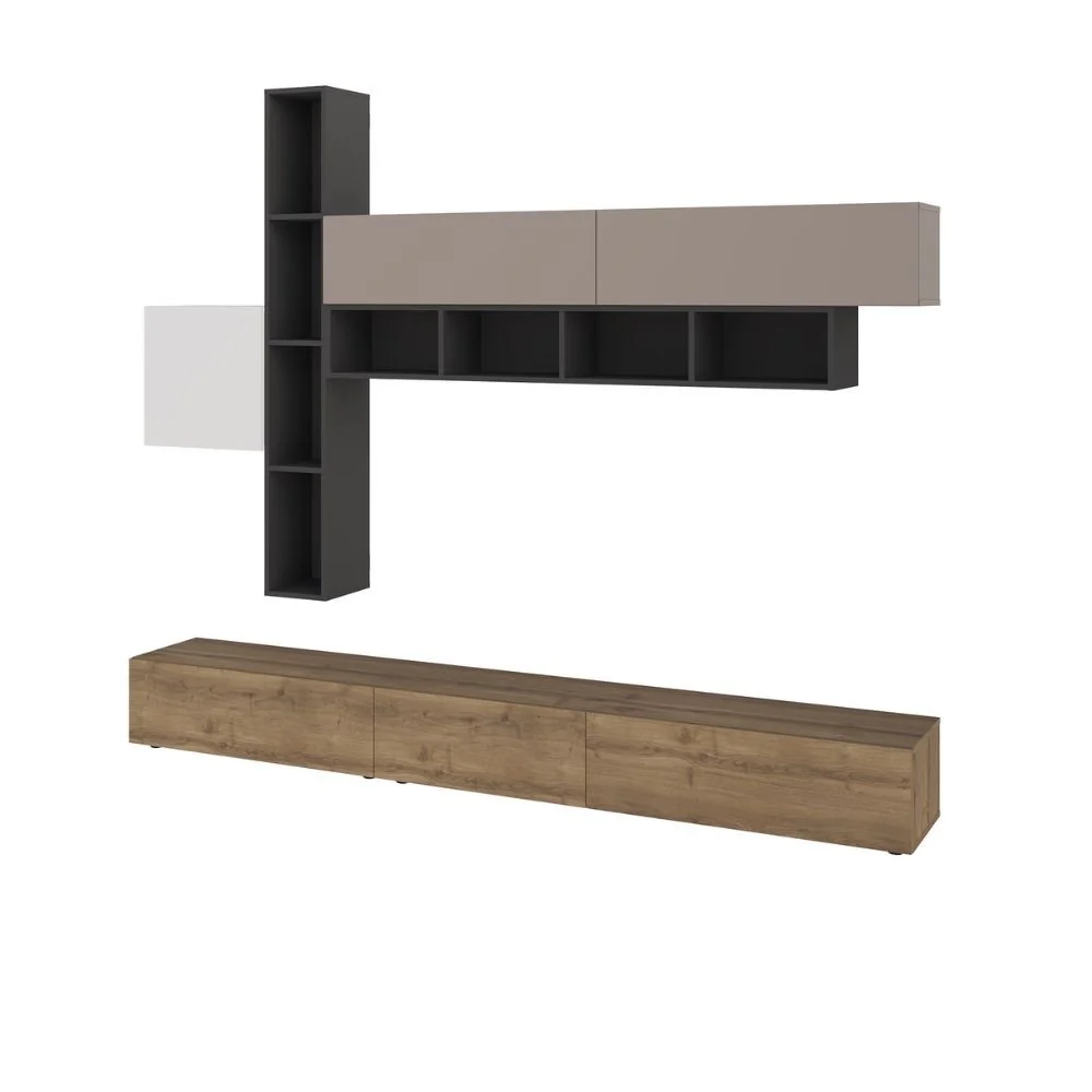 Parete attrezzata Fashion base colore hitit noce e pensili antracite, bianco e tortora  H 205x40x275 cm. - Image 5