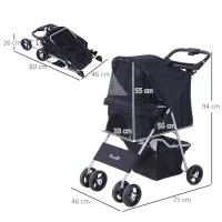 Passeggino per Cani Piccoli Pieghevole, Carrozzina per Cani con Ruote con Freni, Portabicchieri, Cestino Portaoggetti, 3 Finestre e Ruote Anteriori a 360°, per Animali Domestici 10 kg, Nero - Image 3