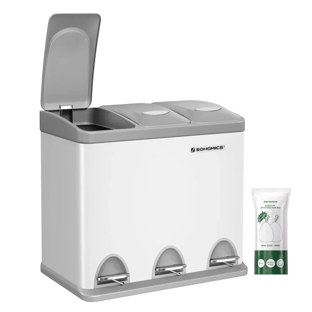 Pattumiera da cucina 46 x 24,5 x 39,5 cm resistente con pedali e 3 scomparti per la raccolta differenziata acciaio inox bianco 12_0007239