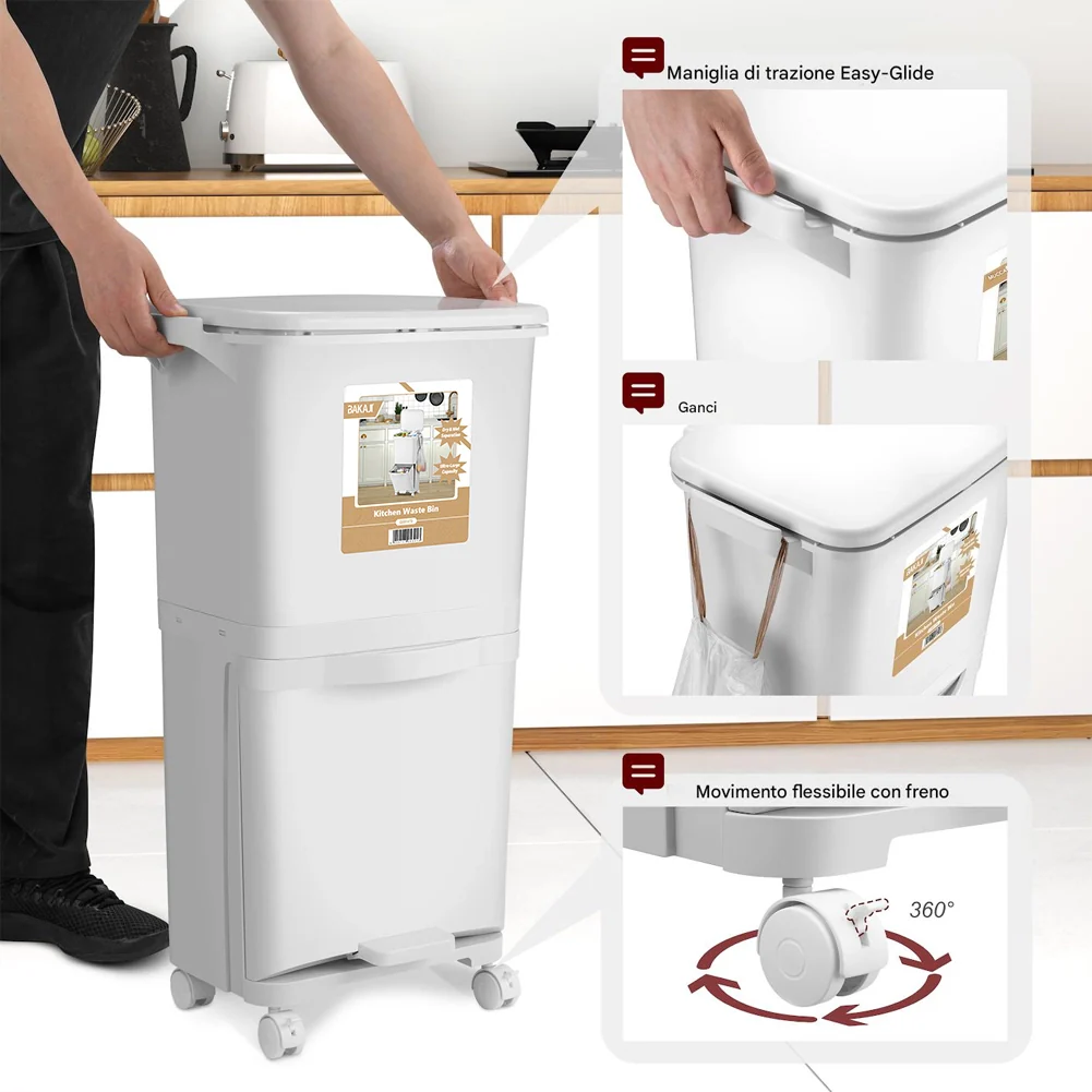 Pattumiera da Cucina Doppio Bidone 38 L Secchio Separazione Rifiuti Salvaspazio - Image 4