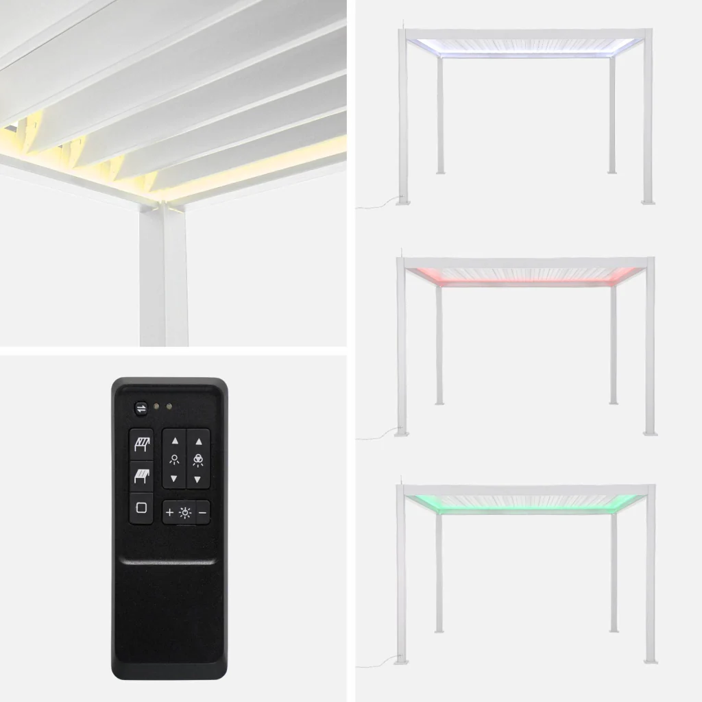 Pergola 3x4m elettrica in alluminio led + tenda 4m, bianco - Image 3