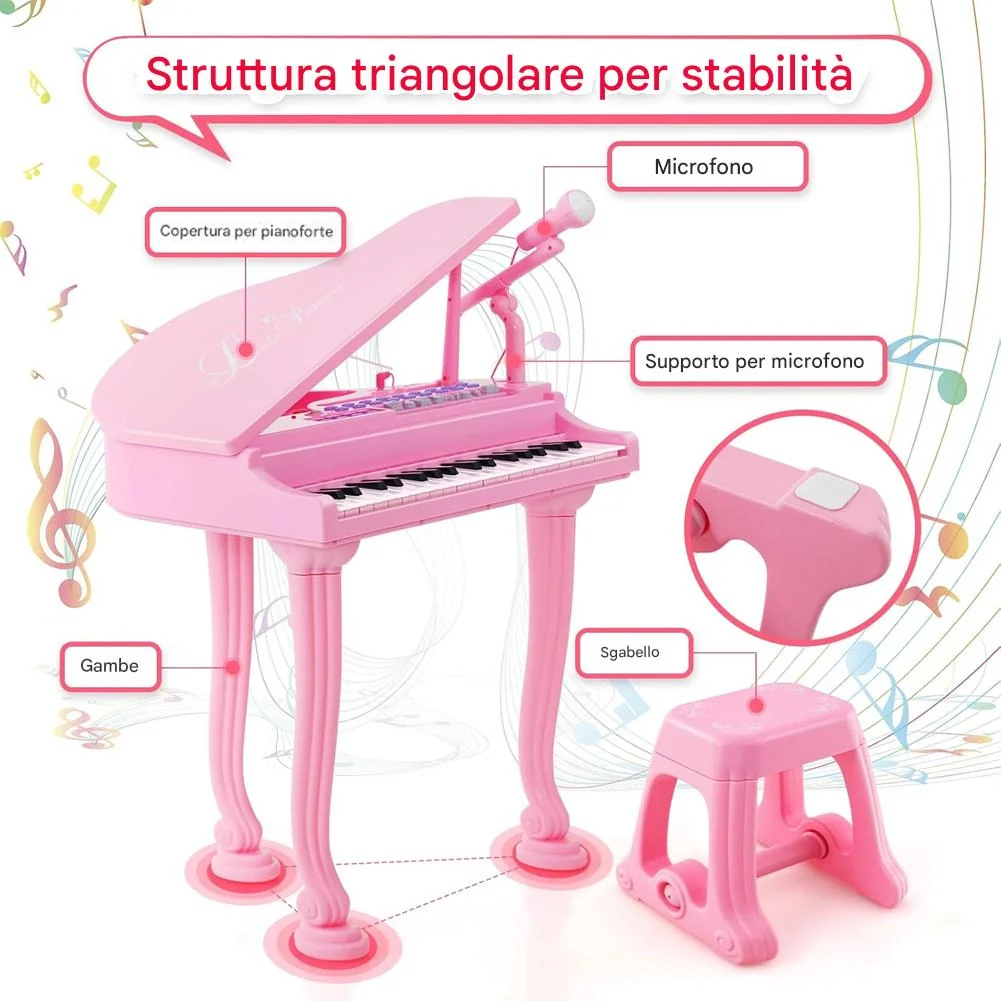 Pianoforte per Bambini con 31 Tasti Sgabello e Microfono Tastiera Musicale Rosa - Image 4