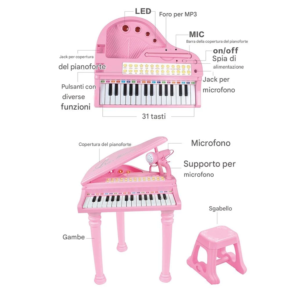 Pianoforte per Bambini con 31 Tasti Sgabello e Microfono Tastiera Musicale Rosa - Image 7
