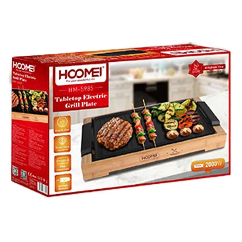 Piastra Grill Elettrica 2000W Rivestimento Antiaderente con Termostato Regolabile e Raccoglitore di Grasso Rimovibile 37.5x23cm Finitura Bambu - Image 3