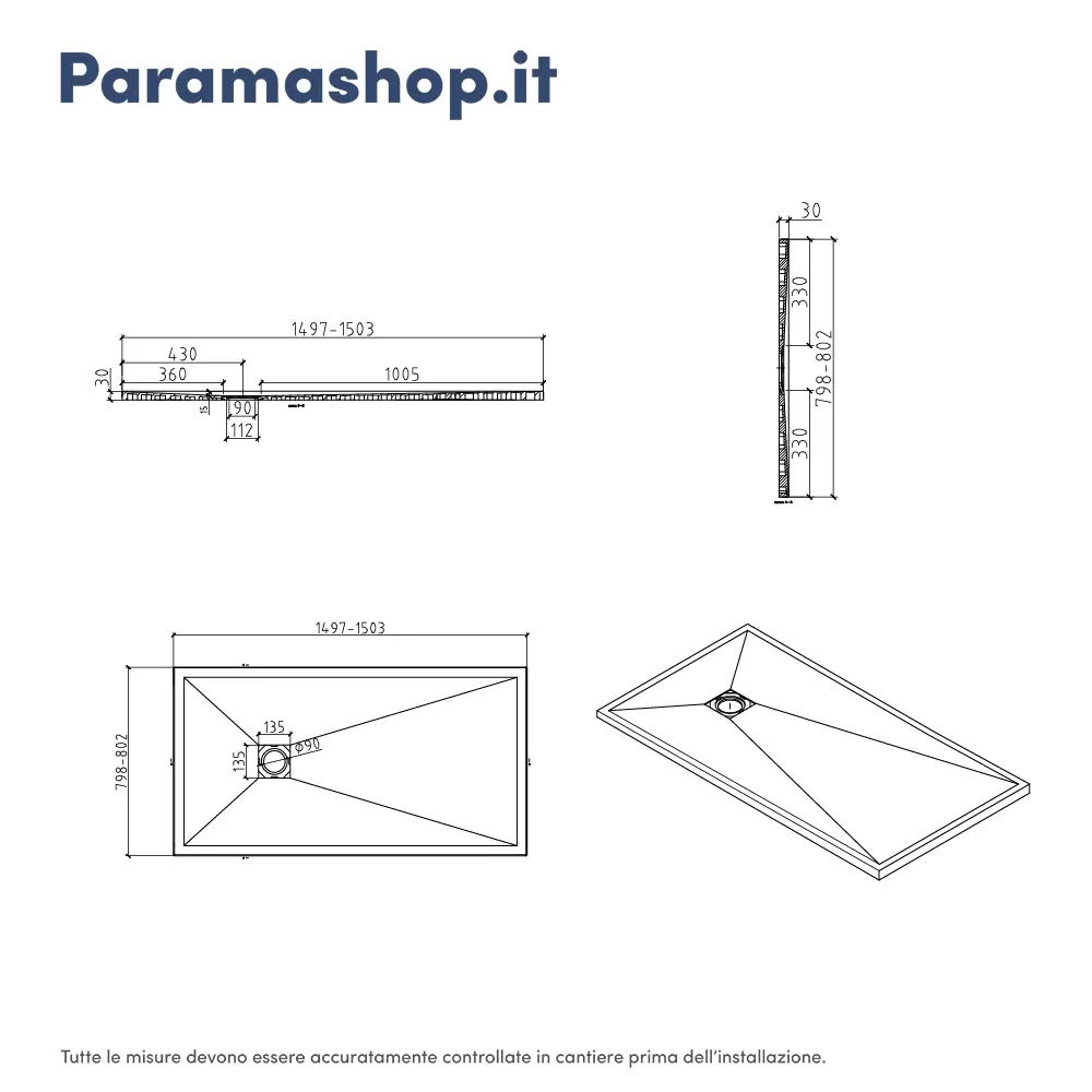 Piatto doccia rettangolare 80x150 cm in marmoresina bianco effetto pietra h3 cm | Milos - Image 5